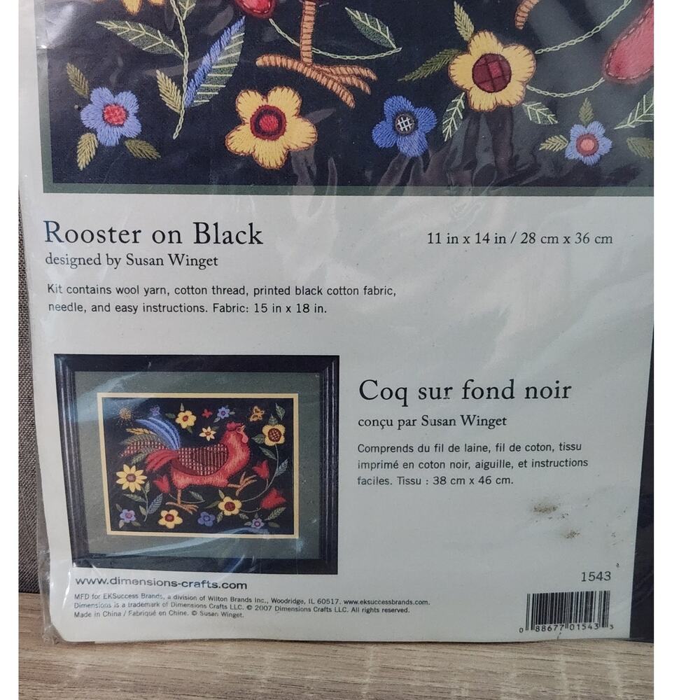 Dimensions Crewel Embroidery Kit Rooster On Black Susan Wright Cottage Core - Picture 2 of 4